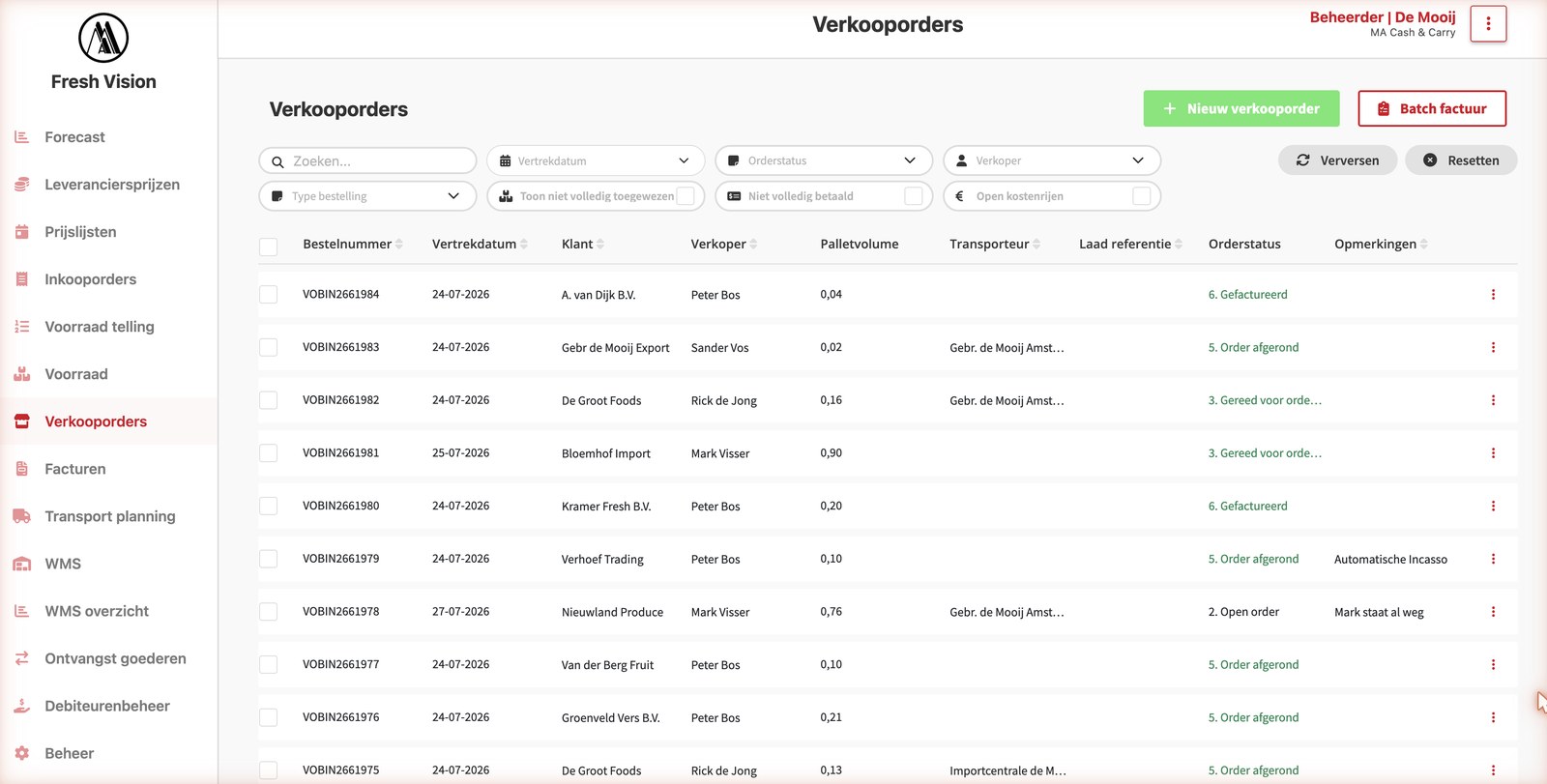 Verkooporders-overzicht met tabel: bestelnummer, vertrekdatum, klant, verkoper, palletvolume, transporteur en orderstatus