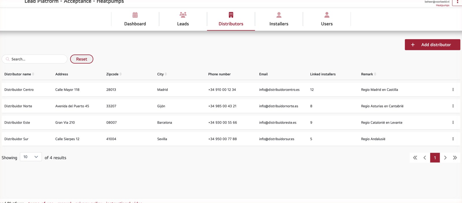 Lead Platform — overzicht van distributeurs met naam, adres, postcode, stad, telefoon, e-mail, aantal linked installateurs en regio-remark