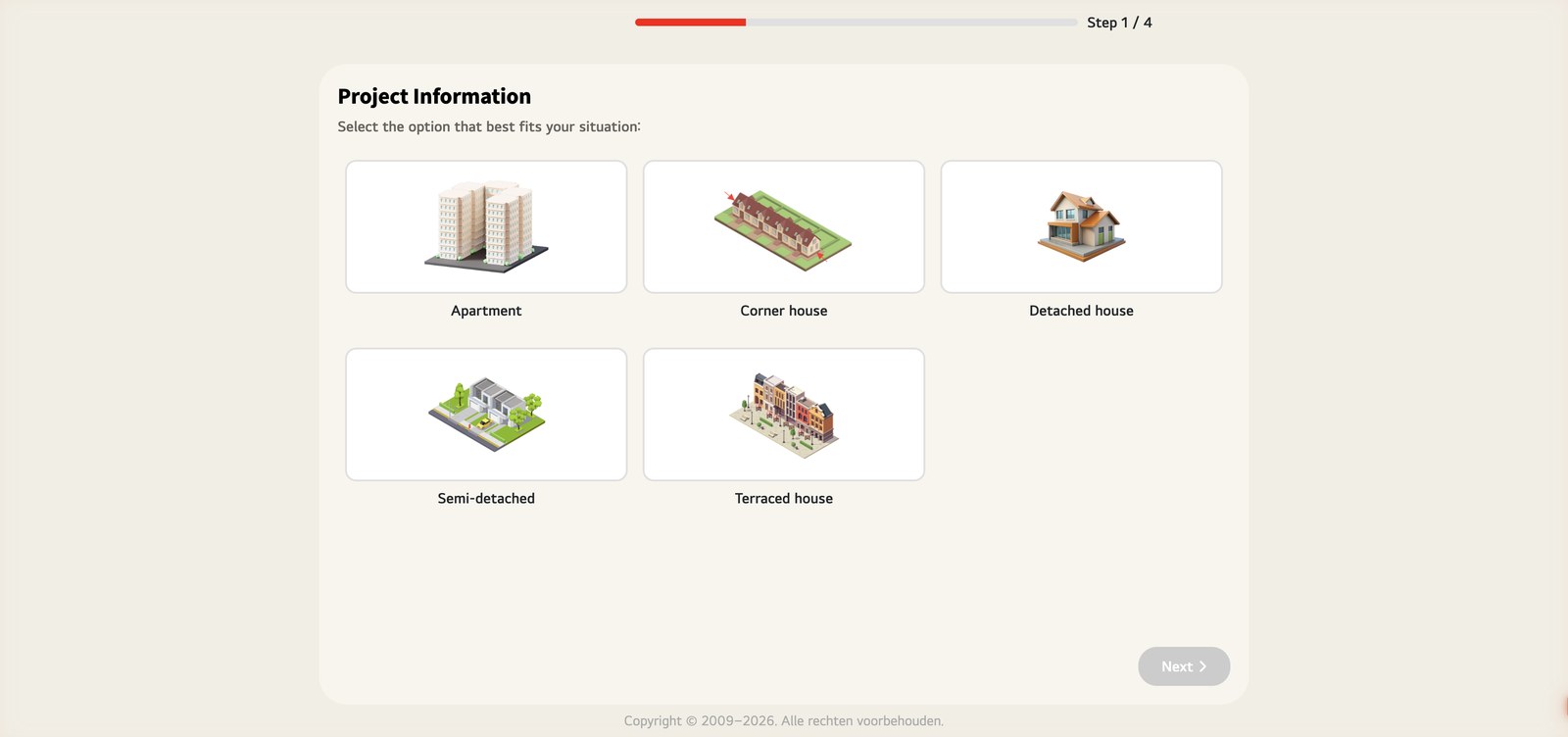 Lead Platform — leadwizard stap 1 van 4 met keuze uit vijf woningtypes: appartement, hoekwoning, vrijstaand, halfvrijstaand, rijwoning