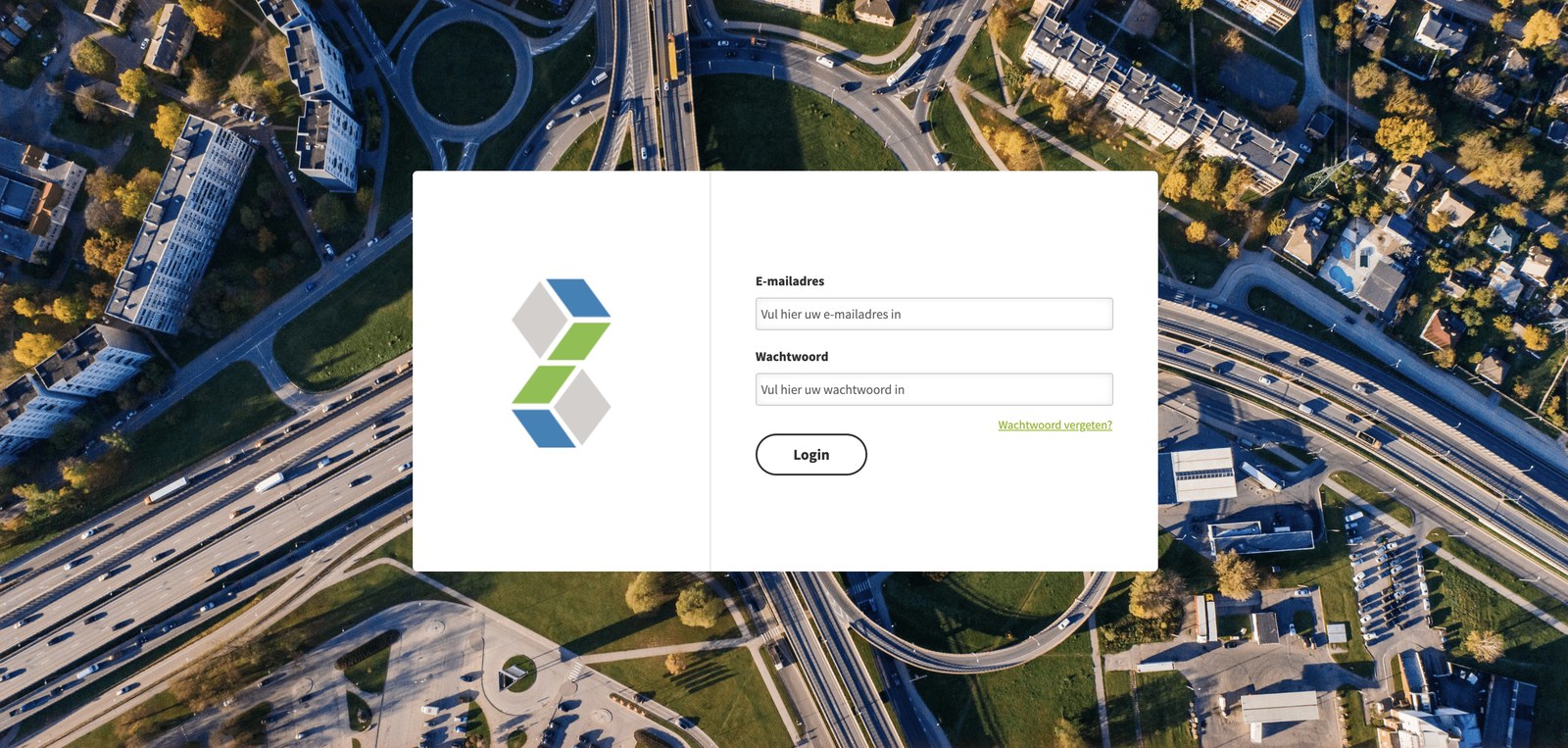 Loginscherm van het HUB-platform met luchtfoto van een verkeersknooppunt als achtergrond
