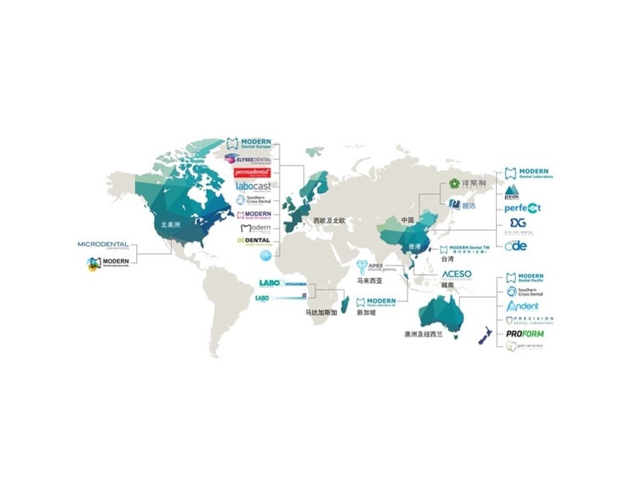 Wereldkaart met alle labs van Modern Dental Group in Europa, Azië, Australië en Noord-Amerika
