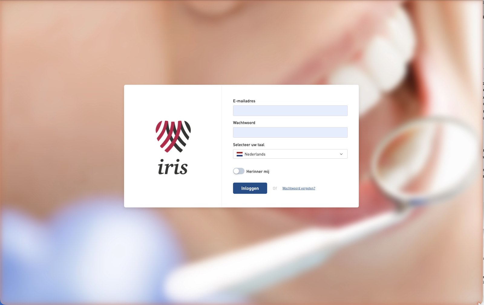 iris platform — inlogscherm met iris-logo, e-mail-, wachtwoord- en taalselectie-velden