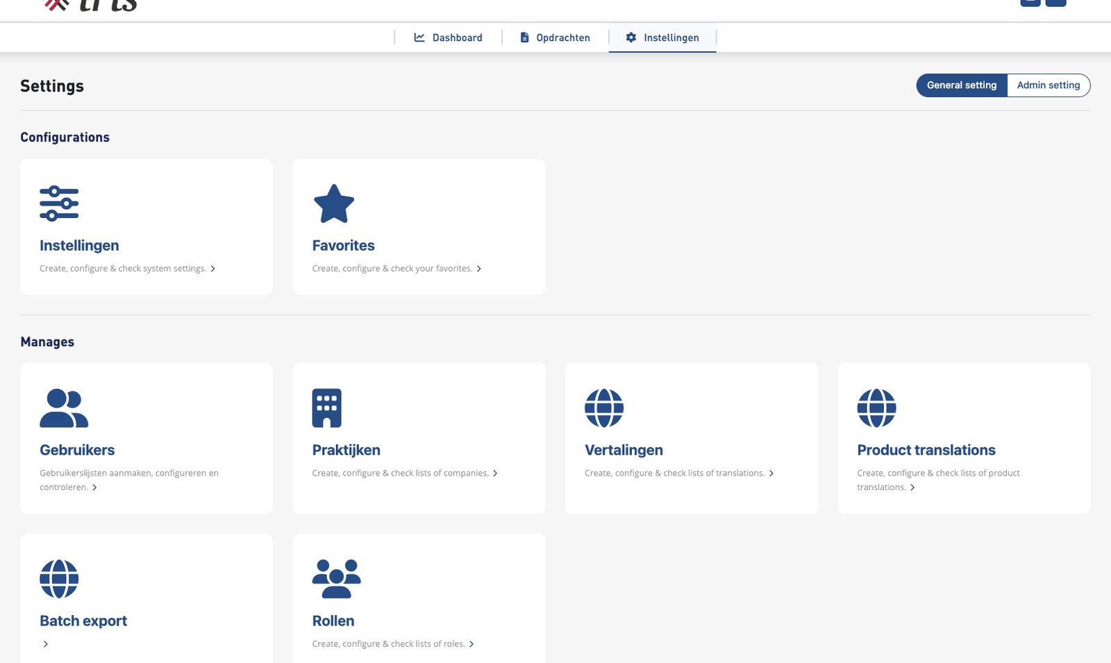 iris platform — instellingenscherm met configuraties, gebruikersbeheer, praktijken, vertalingen, product translations, batch export en rollen