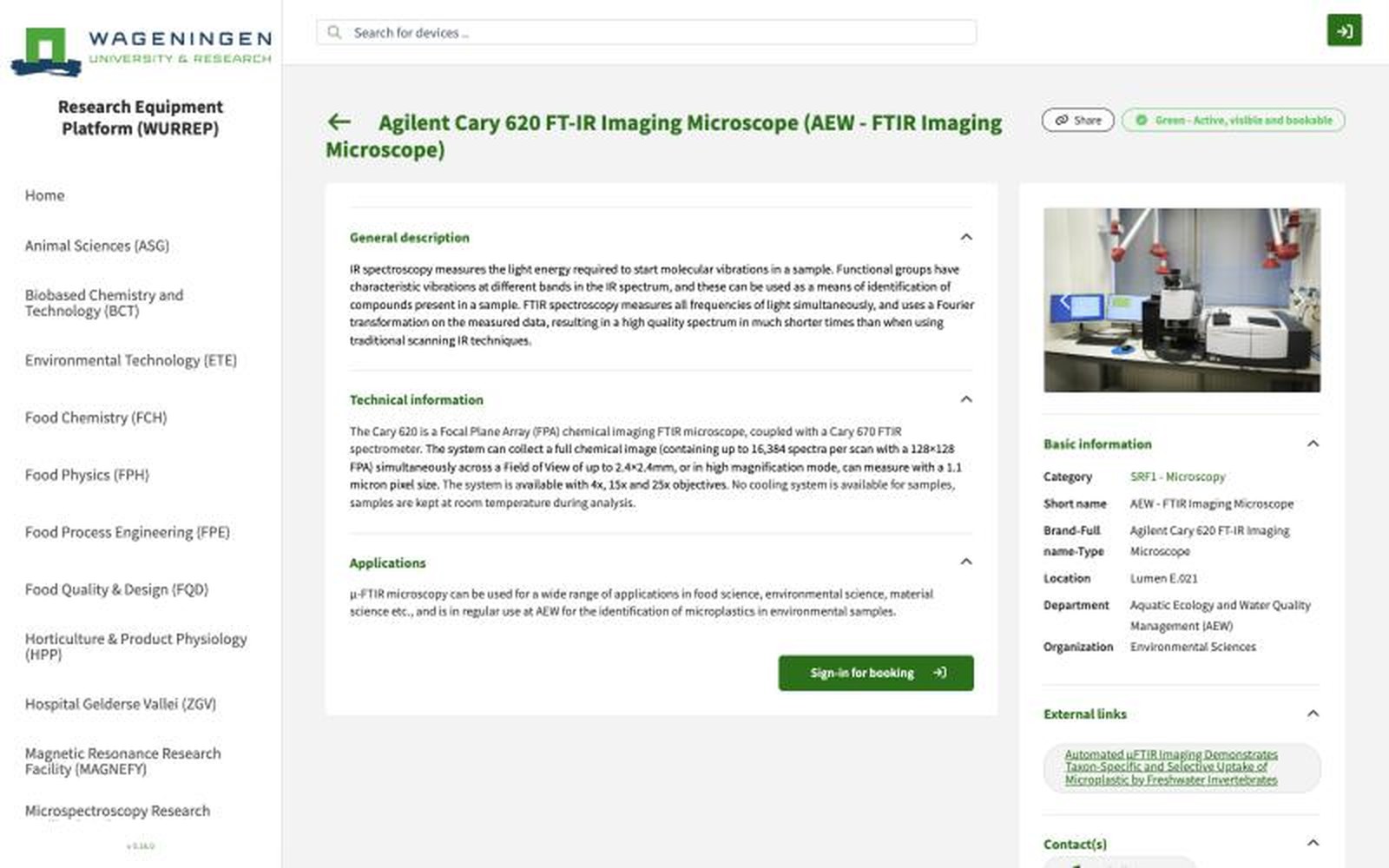 Apparaatdetailpagina Agilent Cary 620 FT-IR Imaging Microscope met beschrijving, technische informatie, applicaties, groene 'active, visible and bookable' status en 'Sign-in for booking' knop