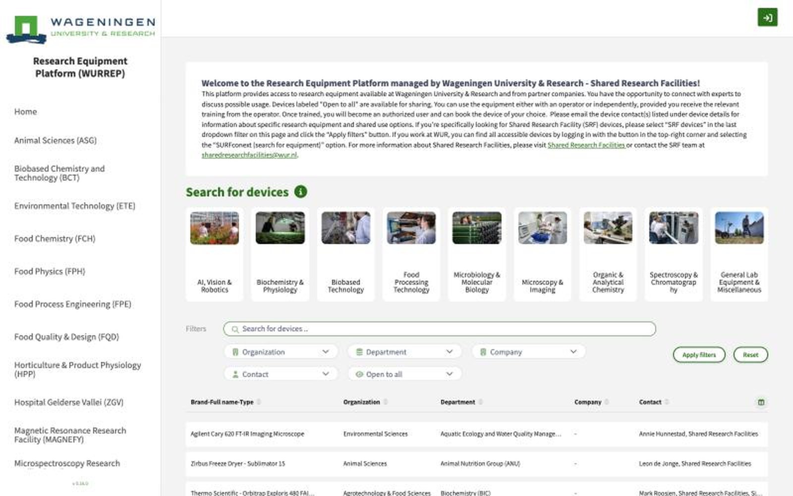 Overzichtspagina met welkomsttekst en categorieën van onderzoeksapparatuur: Biochemistry, Biobased Technology, Food Processing, Microbiology, Microscopy, Spectroscopy, Chromatography