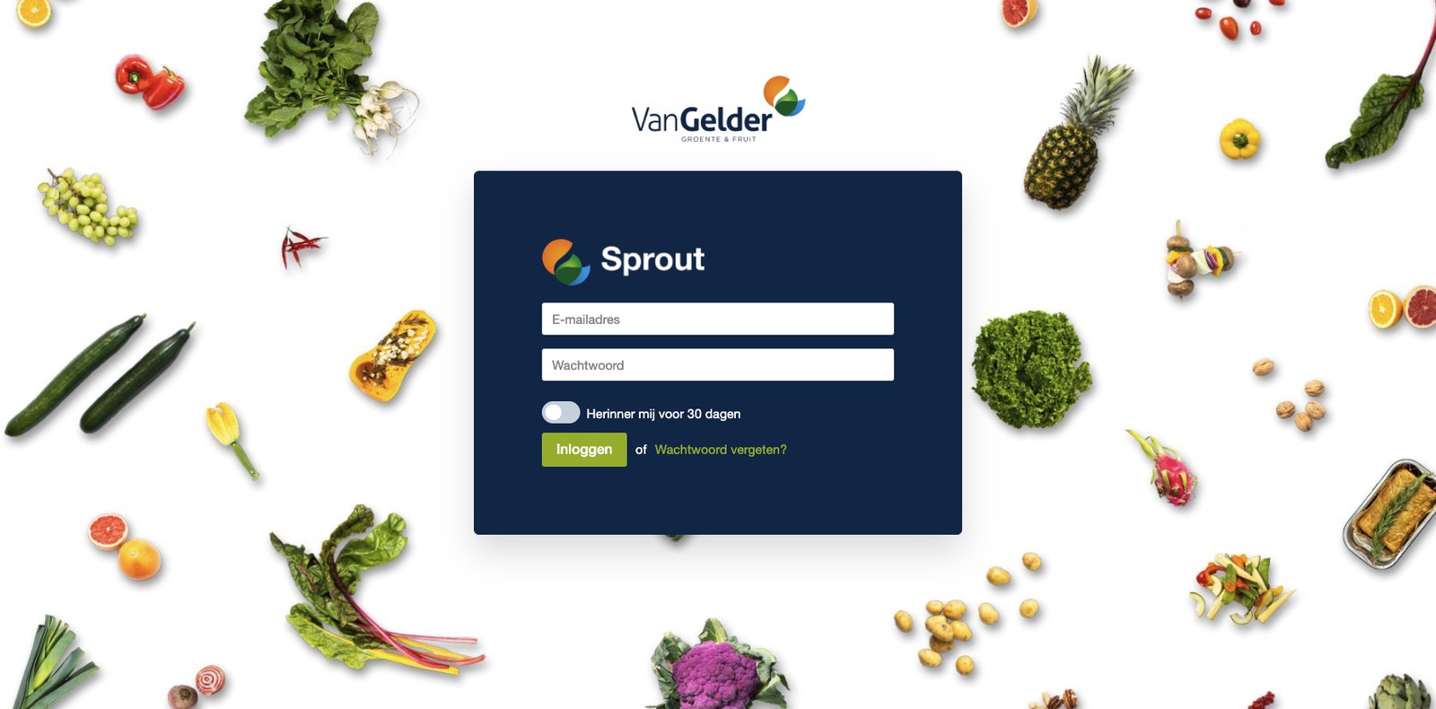 Loginscherm van Sprout met verse groente en fruit uitgestrooid op een witte achtergrond
