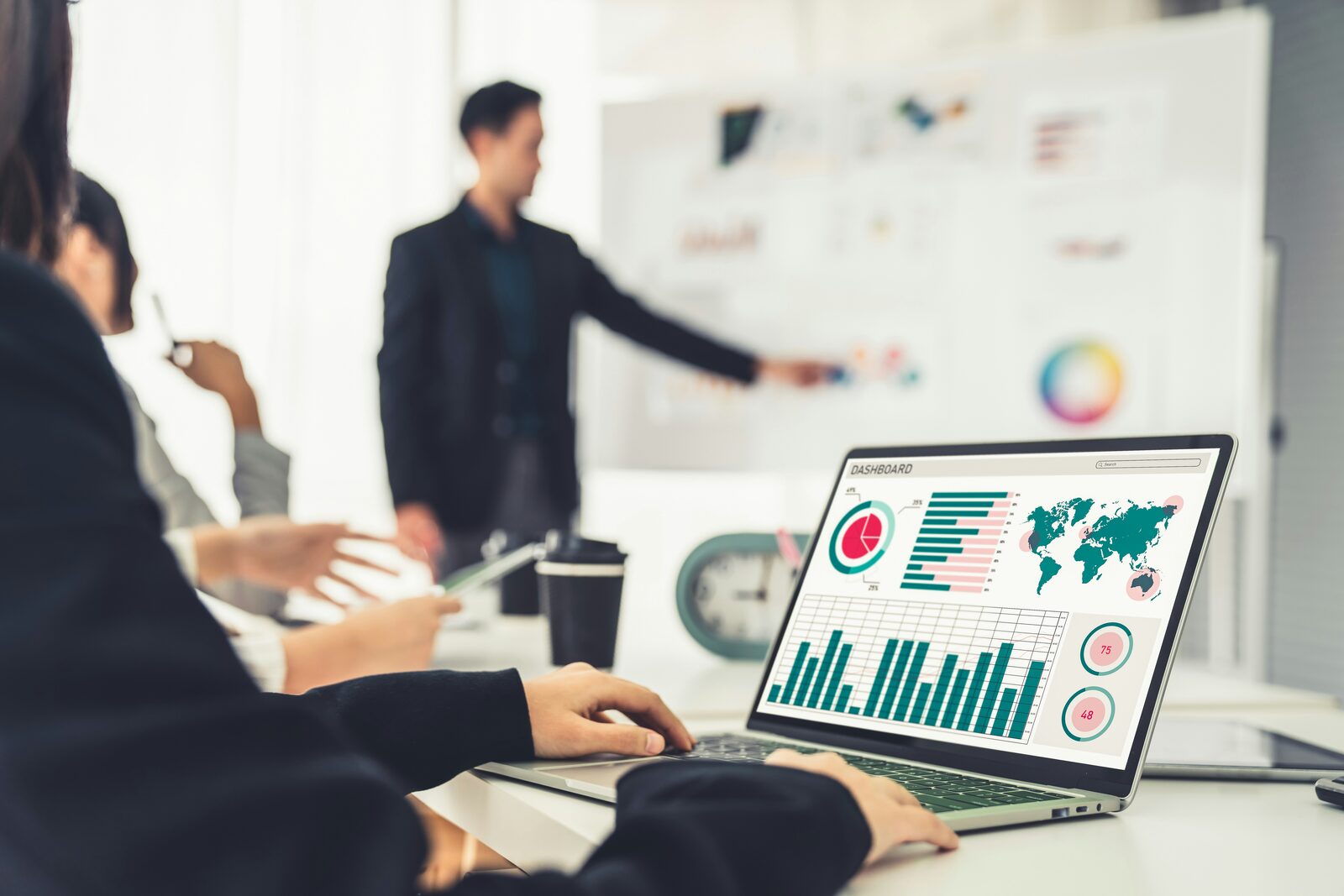 Dashboard met realtime productiedata in vergaderruimte