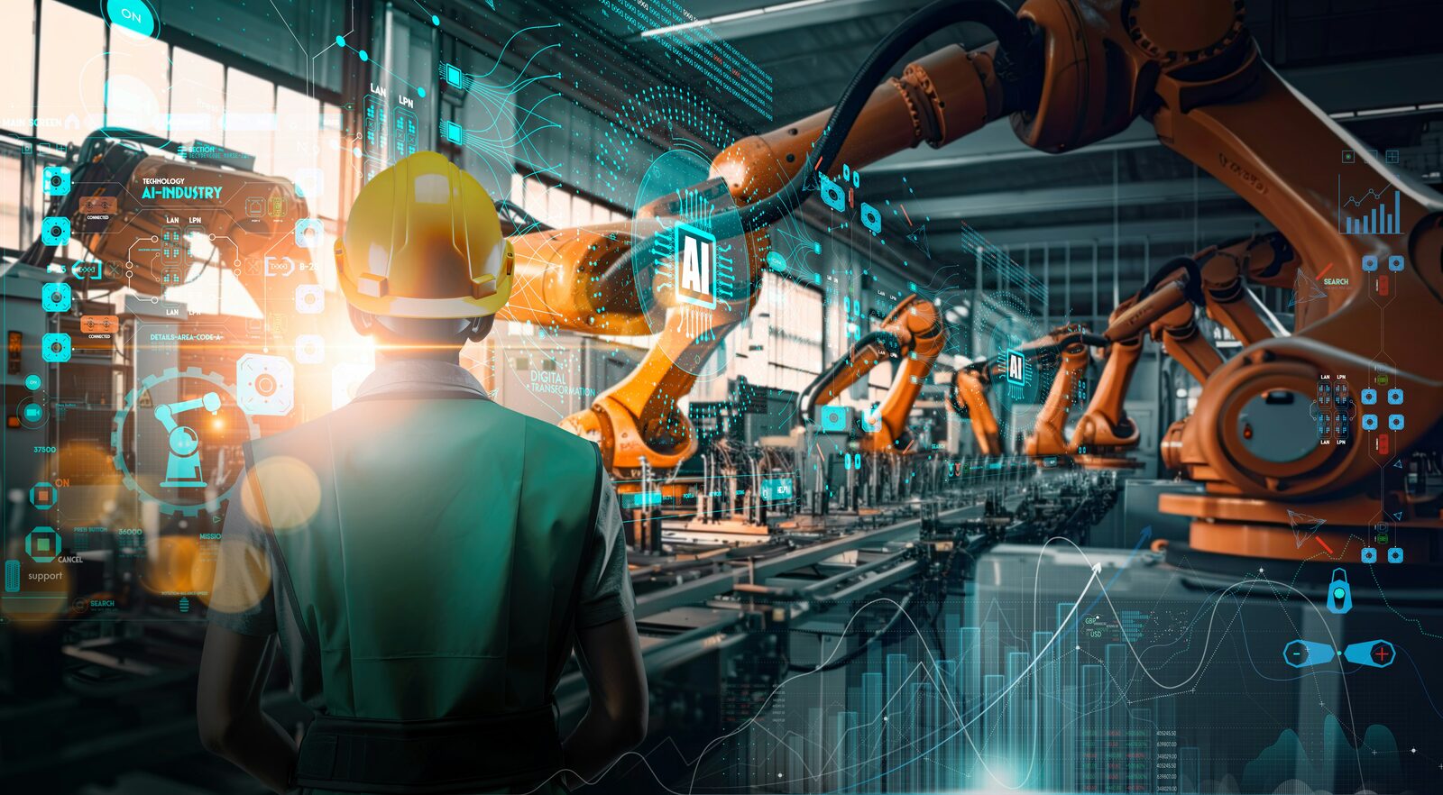 Robotarmen in productielijn met digitale overlay